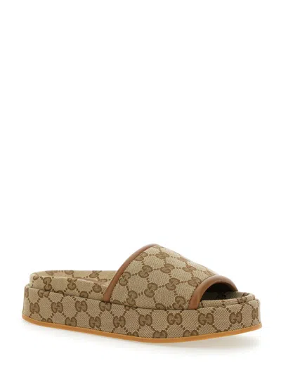 Gucci Women Beige Sandals With Leather Finishes And All-over Gg Motif In Fabric Woman