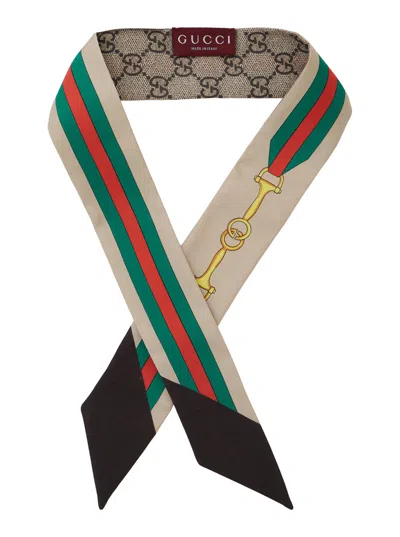Gucci Women Beige Scarf With Logo Print And Maxi Web Detail In Silk Woman