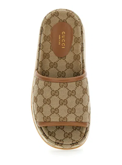 Gucci Women Beige Sandals With Leather Finishes And All-over Gg Motif In Fabric Woman