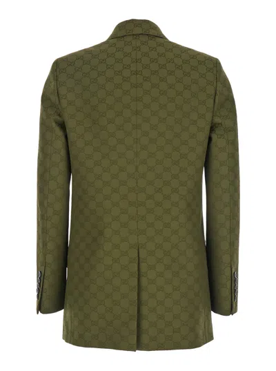Gucci Green Double-breasted Jacket With Peak Revers In Gg Canvas Woman In Green