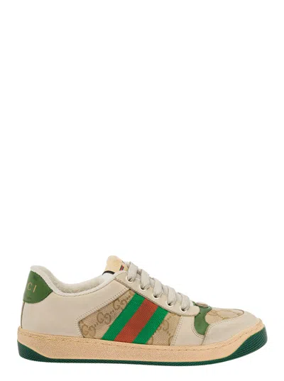 Gucci Screener Embellished Canvas-trimmed Distressed Leather Sneakers