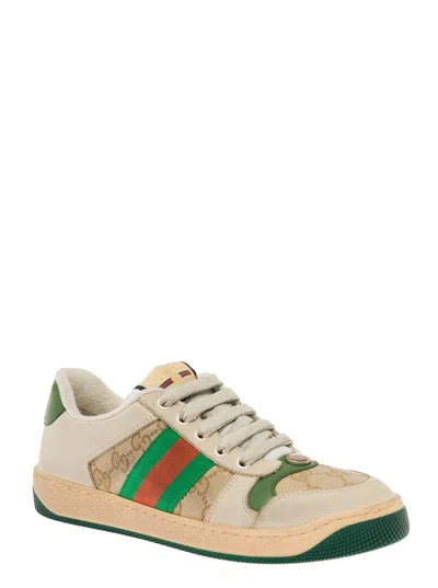 Gucci Screener Embellished Canvas-trimmed Distressed Leather Sneakers