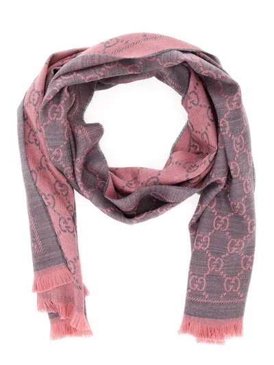 Gucci Women Pink Knit Scarf With Jacquard Gg Motif In Wool Woman