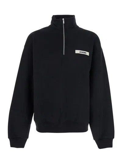 Jacquemus Grog Grain Zip-neck Sweatshirt In Black