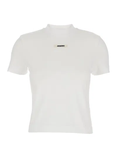 Jacquemus Le T-shirt Gros Grain White Crewneck T-shirt With Logo Patch On The Front In Cotton Stretch Woman In White
