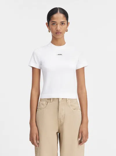 Jacquemus Le T-shirt Gros Grain White Crewneck T-shirt With Logo Patch On The Front In Cotton Stretch Woman In White