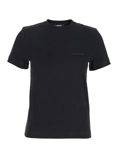Jacquemus Black Fitted T-shirt With Logo Patch In Stretch Cotton Woman In Black