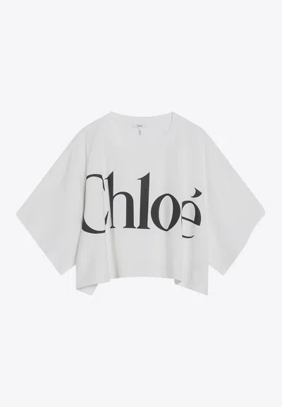 Chloé White Cropped Crewneck T-shirt With Maxi Logo Print On The Front In Cotton Woman