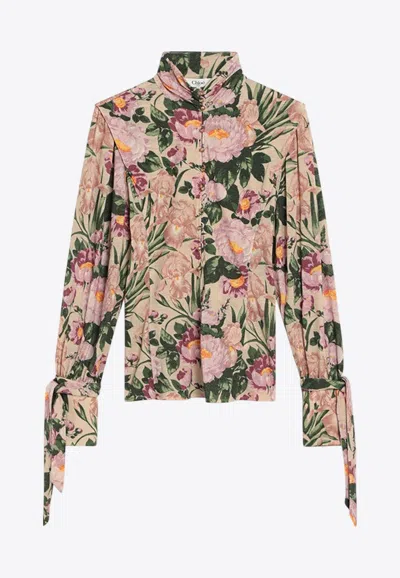 Chloé Turtleneck Jersey Wool Sweater With Floral Print Women In Gold