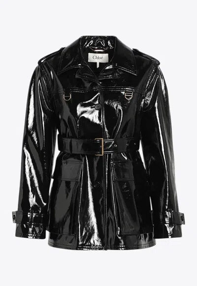 Chloé Chloe Houndstooth-trimmed Coated Linen Trench Coat In Black