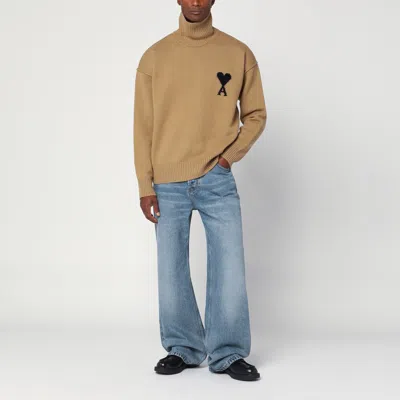 Ami Alexandre Mattiussi Wool Turtleneck Sweater With Ribbed Cuffs And Hem In Neutral