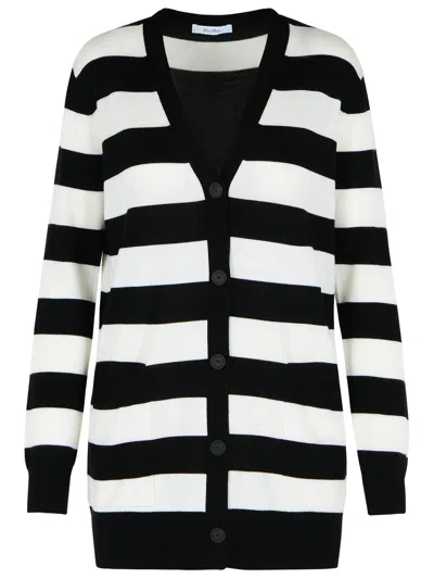 Max Mara Striped Wool Cardigan With V-neck And Flock Motif In Black