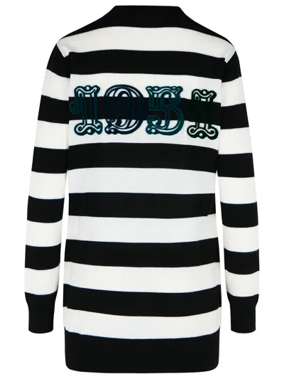 Max Mara Striped Wool Cardigan With V-neck And Flock Motif In Black
