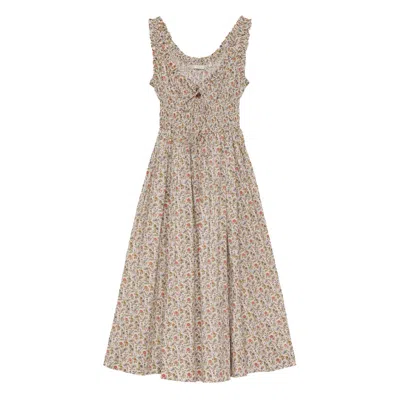 Doen Emmaretta Shirred Floral-print Cotton-voile Midi Dress In Brown