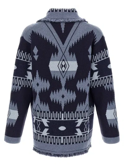 Alanui 'geometric Shawl Collar Cardigan With Fringed Edges' In Blue