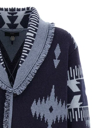 Alanui 'geometric Shawl Collar Cardigan With Fringed Edges' In Blue