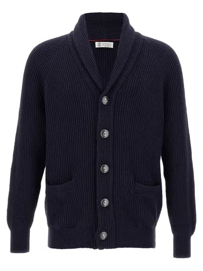 Brunello Cucinelli Shawl-collar Ribbed Cotton Cardigan In Blue