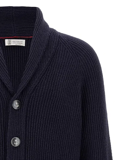 Brunello Cucinelli Shawl-collar Ribbed Cotton Cardigan In Blue