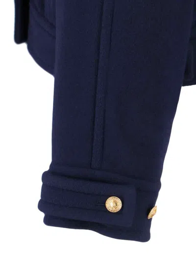 Chloé Crop Double Breasted Coat With Genuine Shearling Collar In Blue