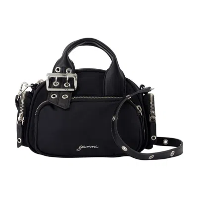 Ganni Mini Polochon Buckle-detail Top-zip Tote Bag In Black