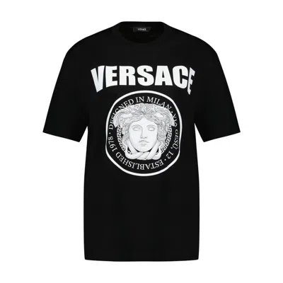 Versace Black Crewneck T-shirt With Maxi Logo Print On The Front In Black