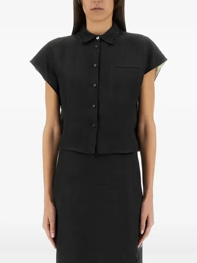 Alysi Cropped Linen Shirt With Classic Collar In Black