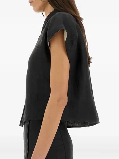 Alysi Cropped Linen Shirt With Classic Collar In Black