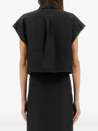 Alysi Cropped Linen Shirt With Classic Collar In Black