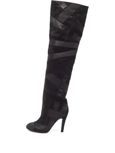 Pre-owned Chanel 110mm Suede Patchwork-detail Boots In Black
