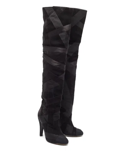 Pre-owned Chanel 110mm Suede Patchwork-detail Boots In Black