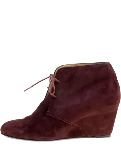 Pre-owned Christian Louboutin 75mm Compacta Suede Wedge Boots In Red