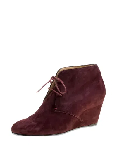 Pre-owned Christian Louboutin 75mm Compacta Suede Wedge Boots In Red