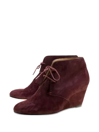 Pre-owned Christian Louboutin 75mm Compacta Suede Wedge Boots In Red
