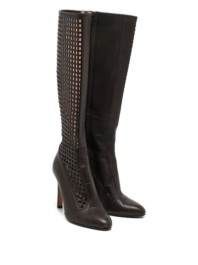 Pre-owned Sjp By Sarah Jessica Parker Cut-out Leather Knee-high Boots In Brown