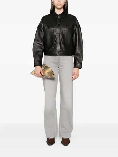Iro Collared Neck Leather Jacket With Structured Shoulders In Black