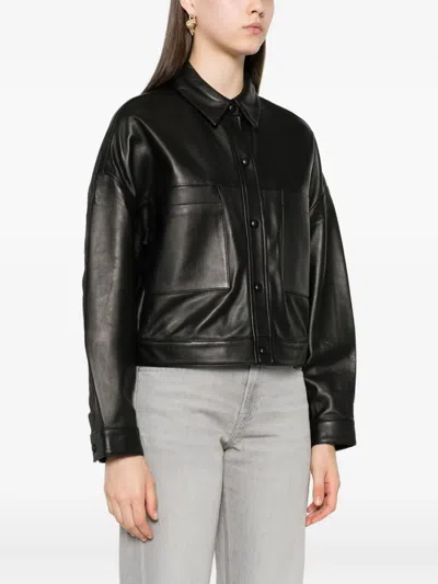Iro Collared Neck Leather Jacket With Structured Shoulders In Black
