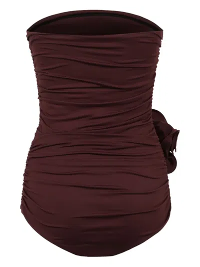 Magda Butrym Draped Rose-applique Swimsuit In Red