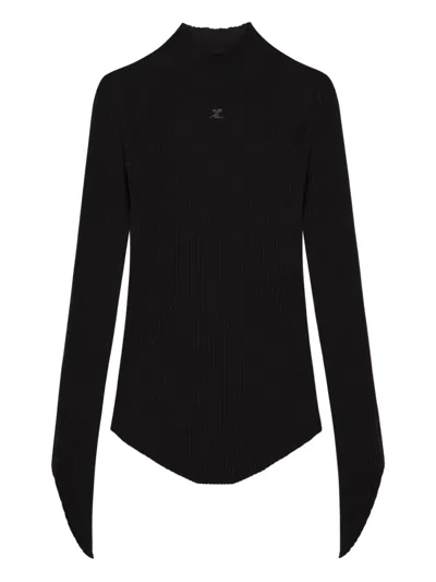 Courrèges Circle Rib Knit Mockneck Sweater With Embroidered Logo In Black