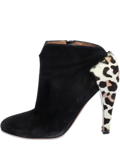 Pre-owned Alaïa 110mm Leopard-print Suede Booties In Black