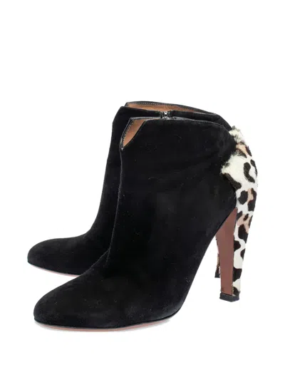 Pre-owned Alaïa 110mm Leopard-print Suede Booties In Black