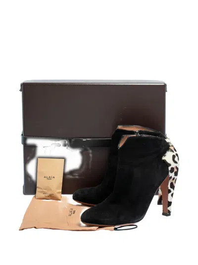 Pre-owned Alaïa 110mm Leopard-print Suede Booties In Black