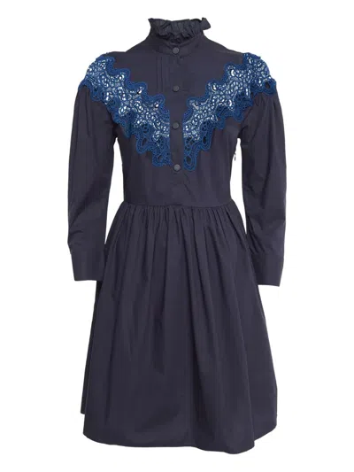 Pre-owned Sandro  Lace Yoke Mini Dress In Blue
