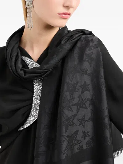 Emporio Armani Star-print Fringed Scarf In Black
