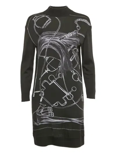 Pre-owned Hermes Printed Silk Knit Dress In Black