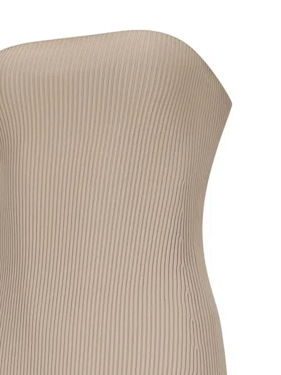 Max Mara Ribbed Strapless Midi Dress In Neutral