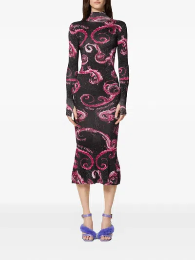 Versace Jeans Couture Swirl-print High-neck Midi Dress In Multi