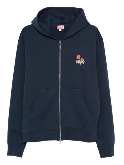 Kenzo Crewneck Sweater With Floral Motif And Hood In Blue
