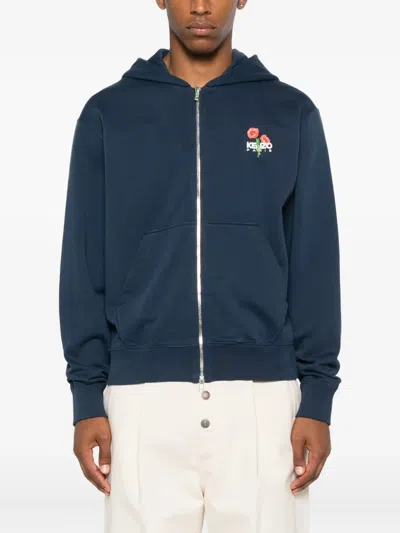 Kenzo Crewneck Sweater With Floral Motif And Hood In Blue
