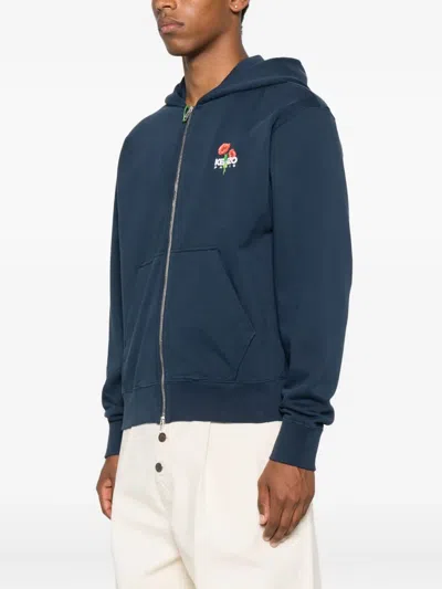 Kenzo Crewneck Sweater With Floral Motif And Hood In Blue