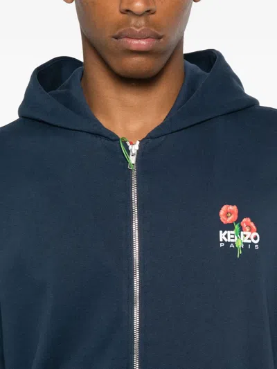 Kenzo Crewneck Sweater With Floral Motif And Hood In Blue